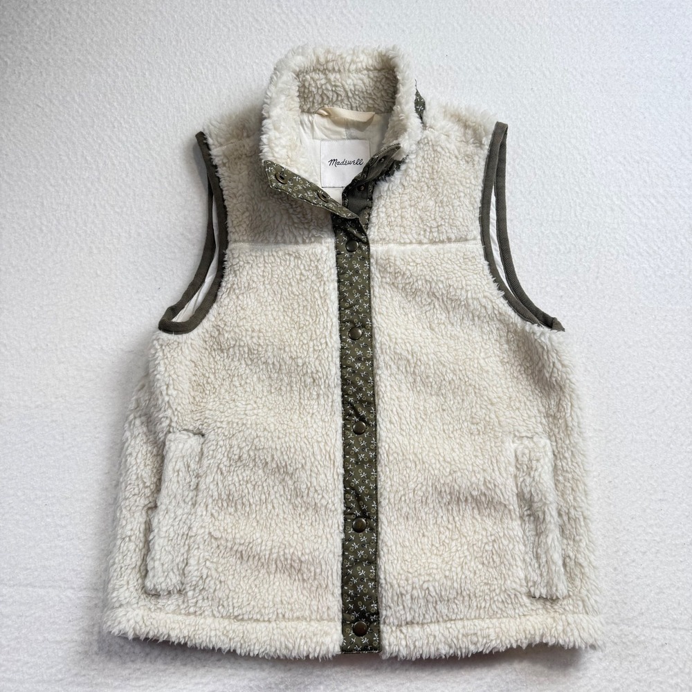 Madewell Sherpa Fleece Vest Floral Trim Cream Olive Trim Cabincore XS NG663
